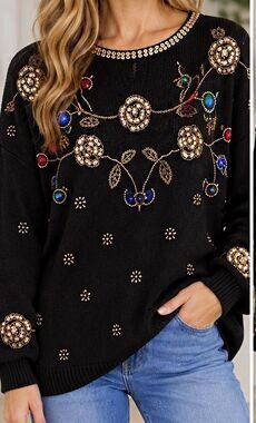 Exclusive Imports Womens 44 Black Beaded Sequin Holiday Sweater Vintage Style